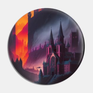 Spooky Halloween Castle and Chapel - AI Gen Scenery Art Sticker Pin