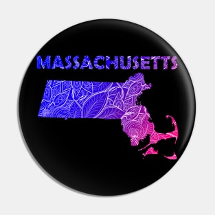 Colorful mandala art map of Massachusetts with text in blue and violet Pin