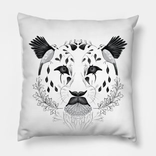 Leopard Face Symmetrical Design Combining Flora and Fauna Pillow