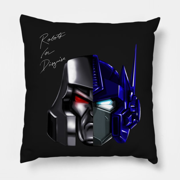 Robots In Disguise Pillow by Littlebluestudios