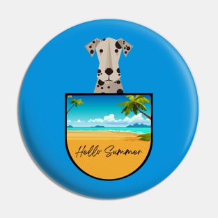 Dalmatian Dog in Beach Pocket with Hello Summer Sign Pin