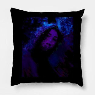 Beautiful girl, in dark place. Some blurred shapes. Blue and violet. Blue, so beautiful. Pillow