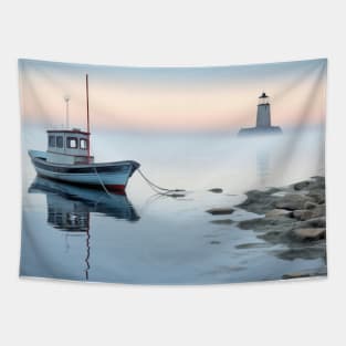 Tranquil Water Boat Serene Landscape Tapestry