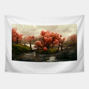 Cherry Blossom Trees Landscape Oil Painting Tapestry