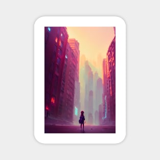 Cute Anime Girl in Streets Lofi Scenario Shadow Landscape Magnet