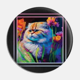 Tiny Tiger Persian Cat Vibrant Tropical Flower Digital Oil Painting Portrait Pin