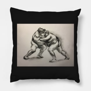 Sumo #1 - Sumo wrestlers charcoal drawing on paper Pillow