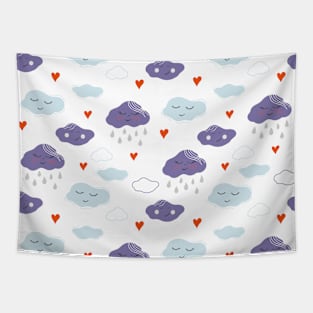 Seamless pattern with clouds, rain drops and hearts Tapestry