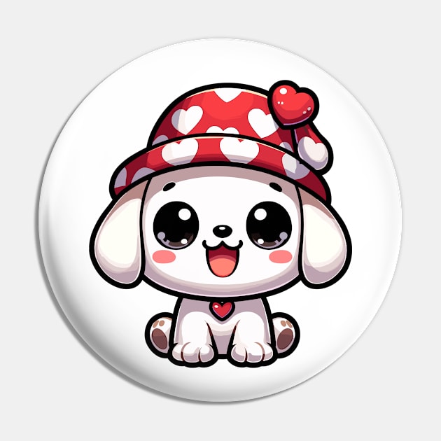 Cute Kawaii Valentine's Puppy with Love hearts Hat Pin by Luvleigh