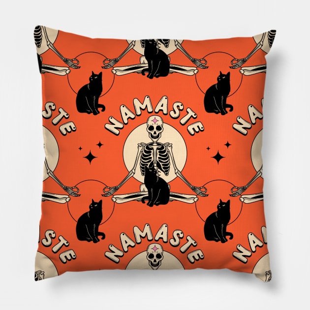 Yoga Namaste Black Cat Pattern in orange Pillow by The Charcoal Cat Co.