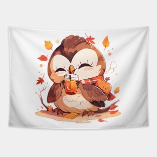 Autumn Owl with Pumpkin Drink Tapestry