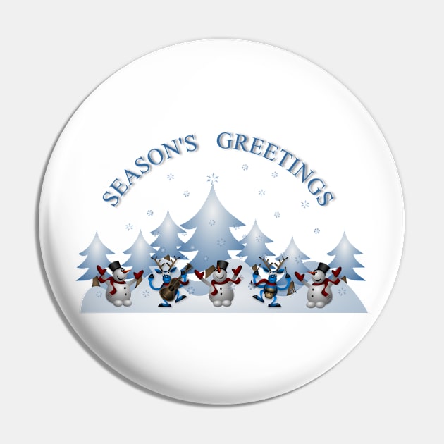 Season's Greetings Winter Scene with Snowmen and Reindeer Pin by Jarecrow 