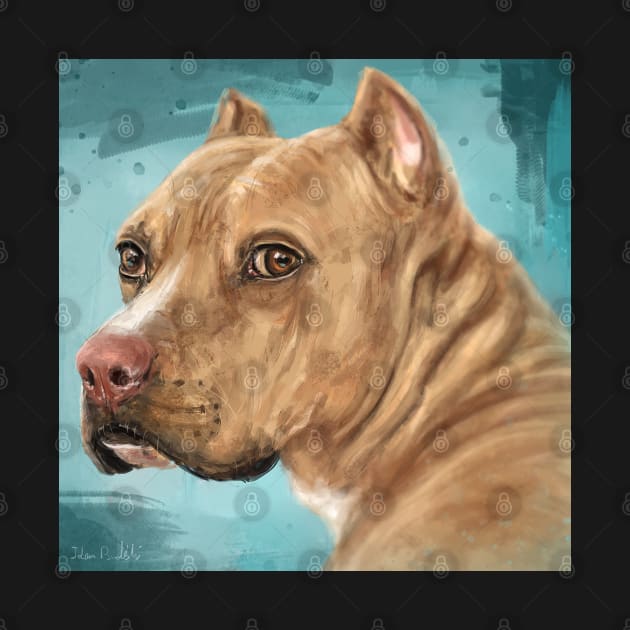 Painting of a Red Nose Pit Bull With Soulful Eyes, Blue Background by ibadishi