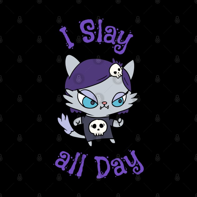 I Slay All Day Cute Goth Kitten with Skull Shirt by OrionLodubyal