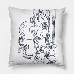 Full Moon Starfish Sakura Retro Black Colored Line Art Pillow