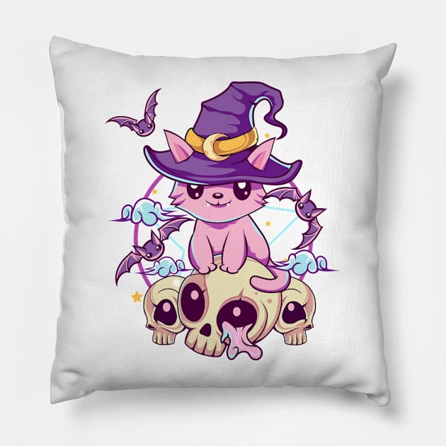 Skull Cat Kawaii Gothic Pillow by DionArts