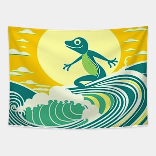 Abstract Surfing Frog on a Surfboard Tapestry