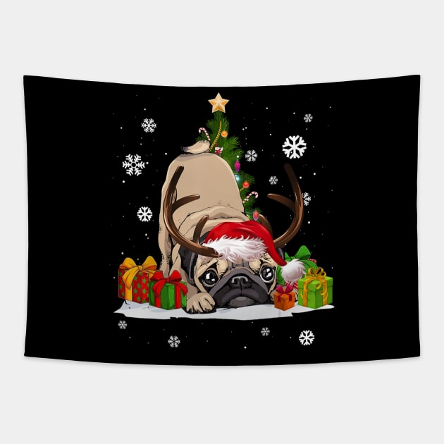 Reindeer Pug Dog Lover Santa Hat Ugly Christmas Sweater Tapestry by Mitsue Kersting