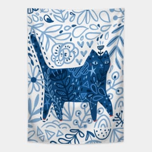 Blue floral cat Tapestry