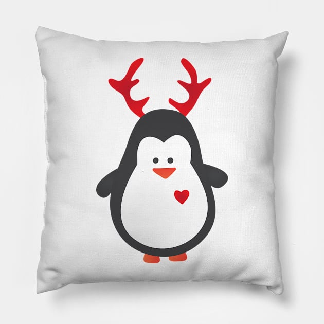 Cute Penguin with Heart and Reindeer Antlers Pillow by bluerockproducts