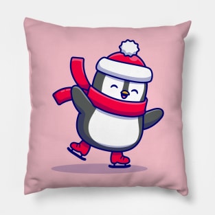 Cute Penguin Ice skating With Scarf Cartoon Pillow