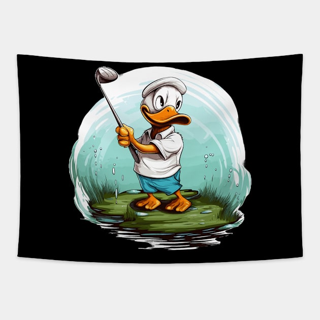 Duck playing golf Tapestry by Graceful Designs