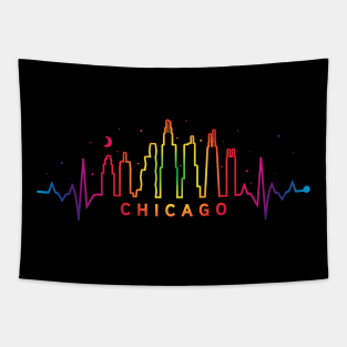 Chicago Pride City Skyline EKG Heartbeat Rainbow Night Tapestry
