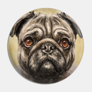 Contemporary Painting of a Pug with its Gorgeous Orange Eyes and Expression on Orange Background Pin