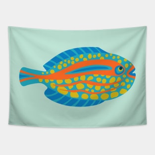 TROPICAL ZONE SINGLE SPOTTED FISH Coral Reef Undersea Ocean Sea Creatures in Bright Multi-Colours on Light Aqua - UnBlink Studio by Jackie Tahara Tapestry