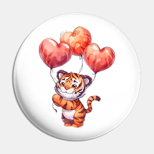 Valentine Tiger Holding Heart Shaped Balloons Pin