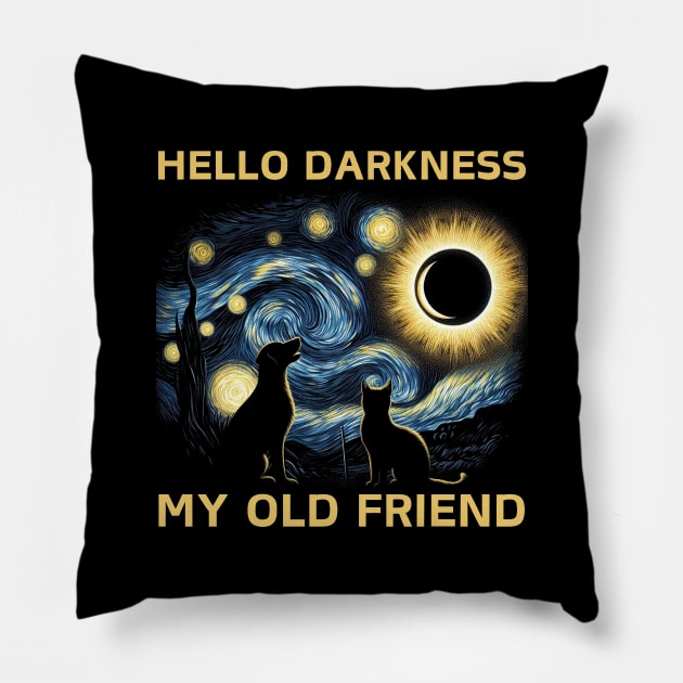 Hello Darkness My Old Friend Funny cat and dog Solar Eclipse Pillow by HBart