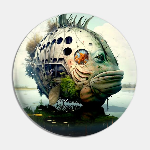The Armored Angler: The Future of Fish on a Dark Background Pin by Puff Sumo