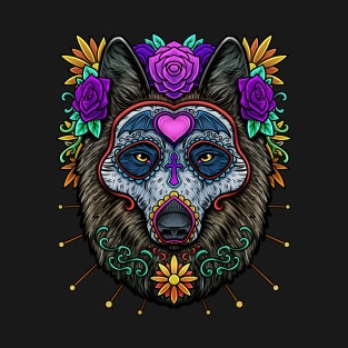 Sugar Skull Wolf Day of The Dead Dia De Los Muertos Halloween T-Shirt