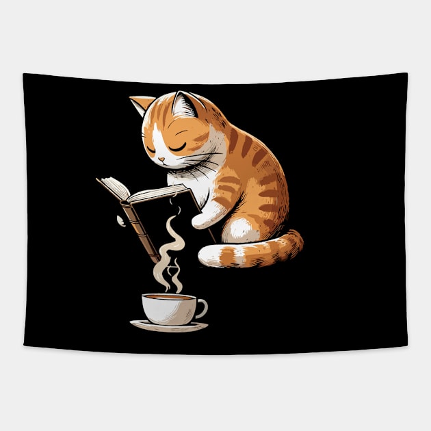 Thoughtful Cat Reading with Cup of Coffee Cat Lovers graphic Tapestry by KontrAwersPL