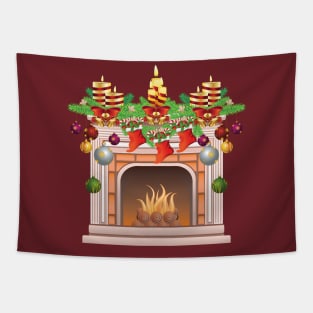 Decorated Christmas Fireplace Tapestry