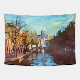 Amsterdam canal boats watercolor art painting Tapestry