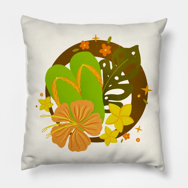 Tropical flip flops badge - orange and green Pillow by Home Cyn Home 