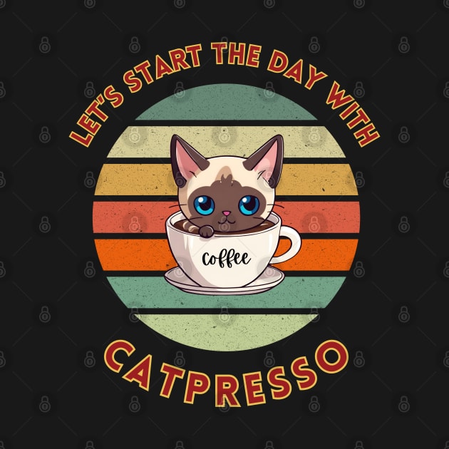 Let's start the day with catpresso, kawaii siamese kitty cat in a coffee cup pun art by KIRBY-Z Studio