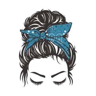 Messy Bun Girl Blue Paisley Bandana T-Shirt