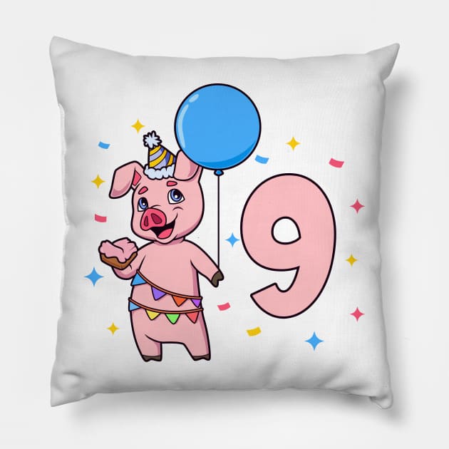 I am 9 with pig - kids birthday 9 years old Pillow by Modern Medieval Design