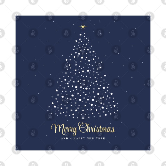 Merry Christmas and a Happy New Year. Minimalistic Christmas tree illustration. High quality Christmas blue white and gold starry illustration in minimalist style. by ChrisiMM