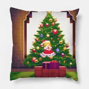 A christmas tree with a little girl sitting on top of it Pillow