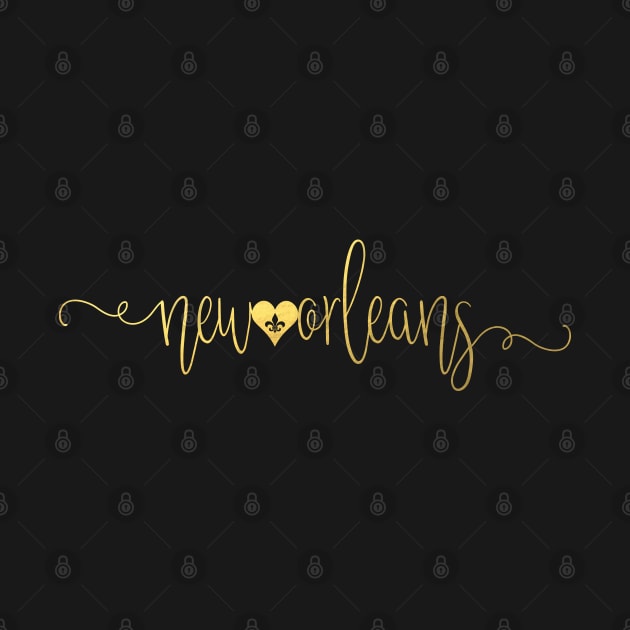 New Orleans Script Typography Black and Gold Letters and Fleur de Lis Heart by Little Shop of Nola