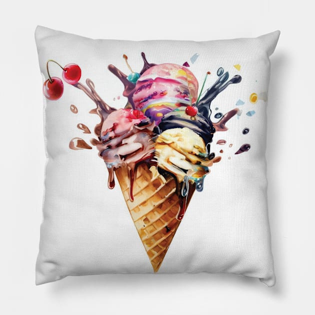 Ice Cream Cone with Splash Watercolor Pillow by teamlancerbd