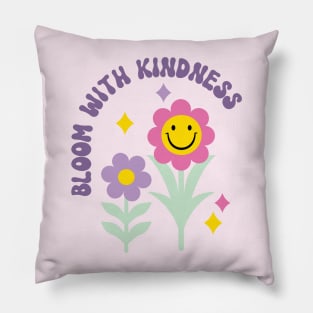 Bloom with Kindness, Retro Flowers and Smiley Face Pillow