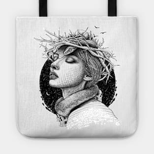 Dangerously Themed. Woman with snake, skulls and thorns. Tote