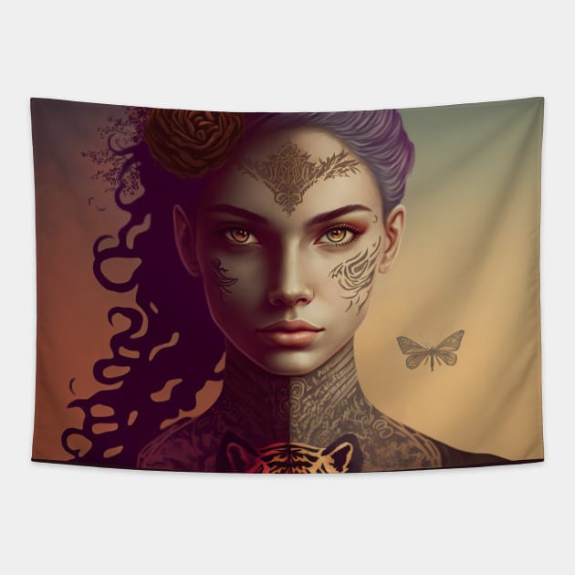 Girl with tattoos and a tiger emblem Tapestry by MorningPanda