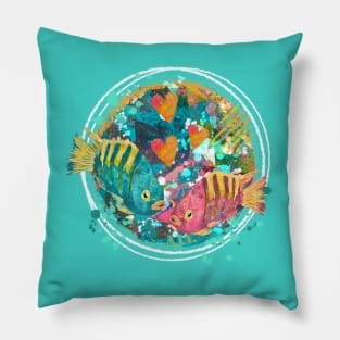 Pink and Blue Tropical Saltwater Fish with a Painterly Artistic Background Pillow