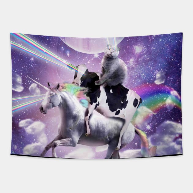 Laser Eyes Space Cat On Cow Unicorn - Rainbow Tapestry by Random Galaxy