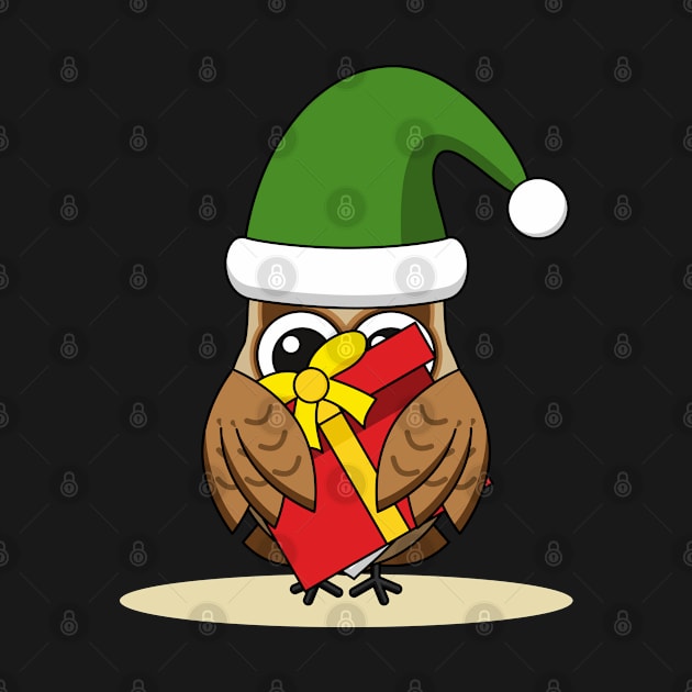 Christmas Elf Owl with Present by BirdAtWork